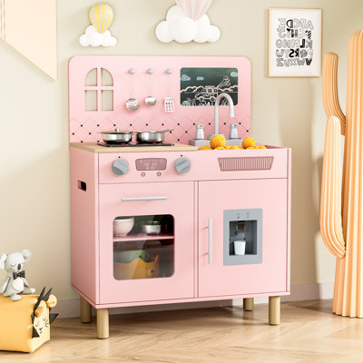 Wooden Kids Play Kitchen Set With Real Lights & Sounds, Interactive Pretend Kitchen With Knob Sounds, Sink, Water Dispenser, 6 Pcs Cookware & Chalkboard Panel For Toddlers And Children(pink)