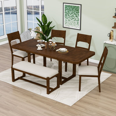 6-Piece Dining Table Set, Extendable Wood Table with Removable Leaf, 4 Upholstered Chairs and Bench