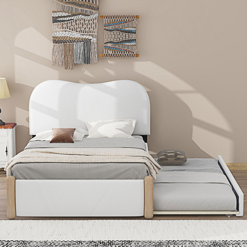 Lit plateforme tapissier simple avec lit gigogne simple, Blanc