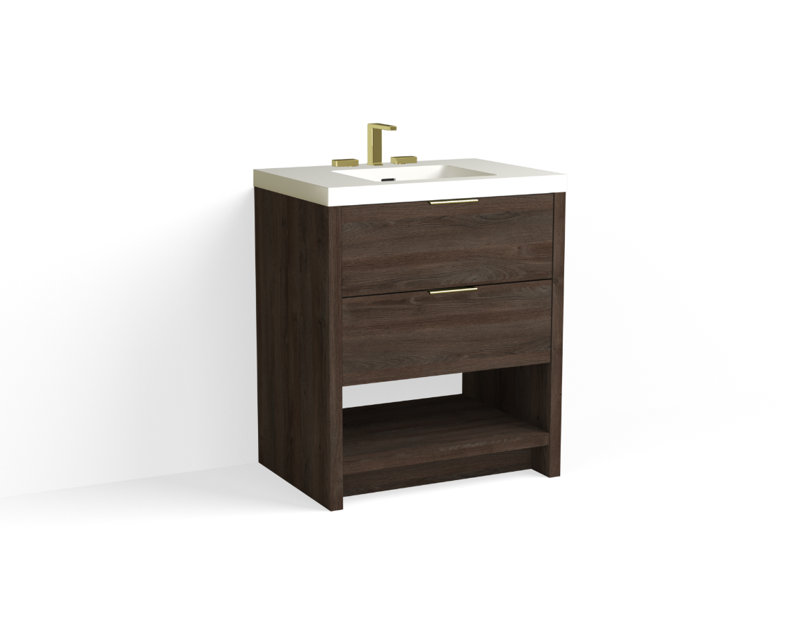 Vue 30" W Freestanding Single Bathroom Vanity, Ashlin, Glossy White/8" Widespread, Satin Brass
