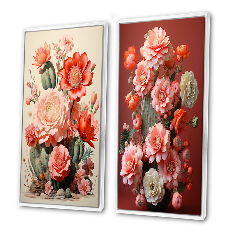 Coral Cluster Cactus Collage - ensemble de 2 impressions sur toile de cactus, Cadre flottant blanc, H 32 po x l 33 po