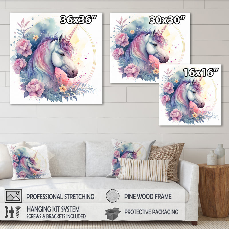 Adorable licorne pastel entourée de fleurs III - cheval, art mural, H 36 po x l 36 po x P 1,5 po, Toile tendue