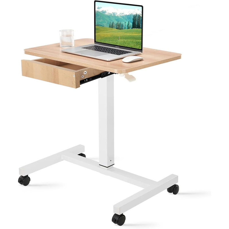 Bureau mobile pour ordinateur portable CLATINA, pupitre réglable à hauteur réglable avec roulettes verrouillables, table de travail réglable avec tiroir, table de travail sur chariot pour salle de classe de bureau à domicile, beige