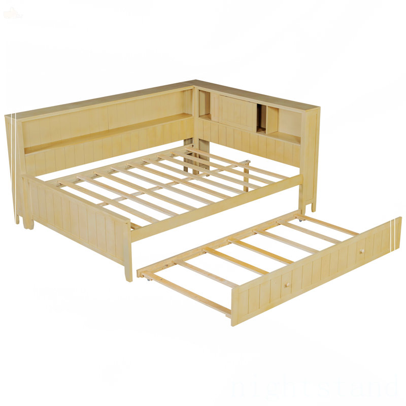 Lit de jour double en bois avec tablettes de rangement et lit gigogne