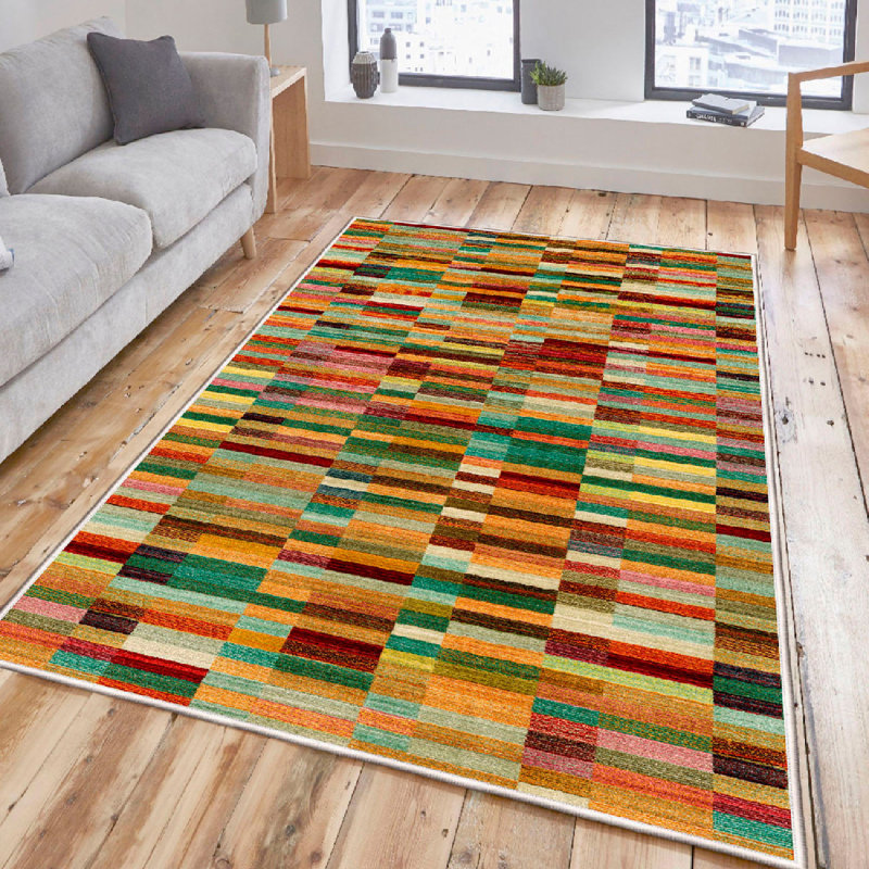Wencil Luxurious 100% Cotton Area Rug, 47.2 x 70.9 Inches | 1200 GSM, 0.3 in Pile Height, Antibacterial, Non-Slip PVC Underside | Machine Washable, Elegant Orange, Yellow, Camel, Red & Brown Colors | Perfect for Living Room & Bedroom