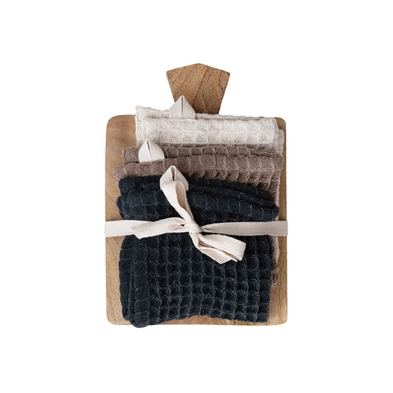 Cotton Dishcloth On A Mango Wood Board, Black/Brown/Beige