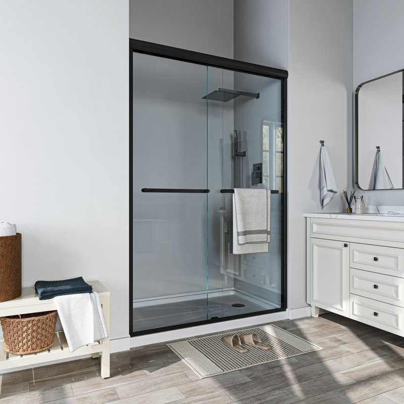 46 po à 48 po X P 72 po H Porte de douche coulissante encadrée avec verre transparent, Noir mat