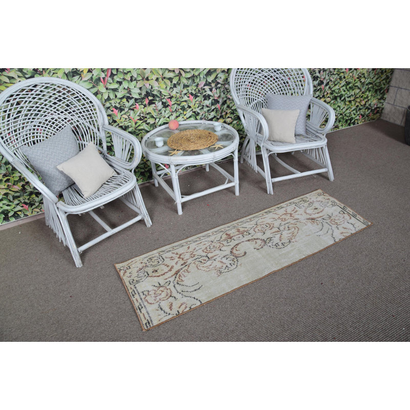 Vintage Turkish Oushak Runner Rug in Neutral Tones Perfect for Hallways and Kitchen Areas