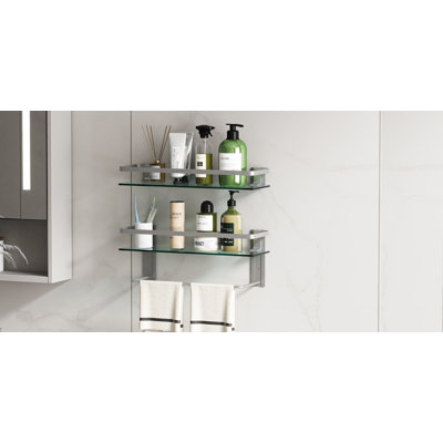 2-tier Tempered Glass Shelves - 15.7 Inch Wall-mounted With Towel Rack, Rustproof Frame