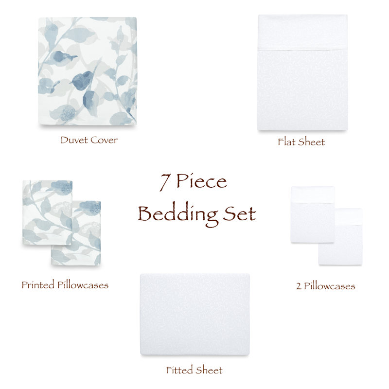  Ensemble de housse de couette réversible en microfibre Leaves Blue, Grande housse de couette + 6 pièces additionnelle