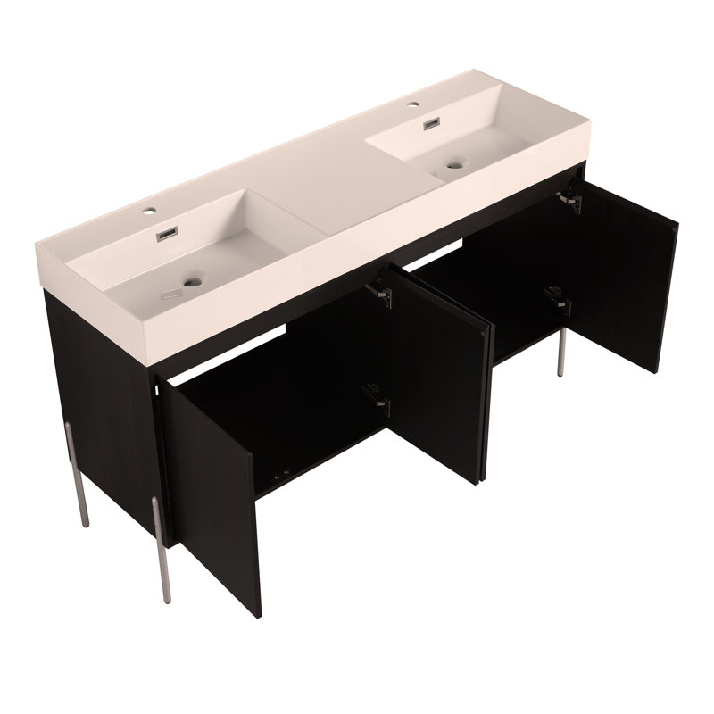 Meuble-lavabo autoportant 60 po avec double lavabo en résine, armoire de rangement avec portes à fermeture douce 60 po