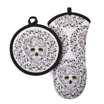 Fiesta Skull & Vine Oven Mitt & Pot Holder Set 2-Pack 6.5"X13", 8"X8", Black/White