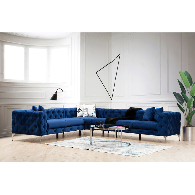 Modern Corner Sofa with 6 Pillows, Navy Blue, 122.0 x 27.6 x 106.3 inches | Beech Wood & Chipboard Frame, 100% Polyester Fabric | Removable Dry-Cleanable Covers, Metal Legs, Stylish & Comfortable Design for Glam Living Rooms