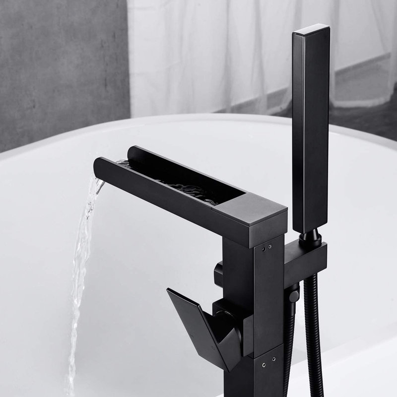 Matte Black Floor Mounted Tub Filler With Waterfall Spout And Portable Hand Shower - Rustproof Fixture Bathroom In Telescopic Faucet