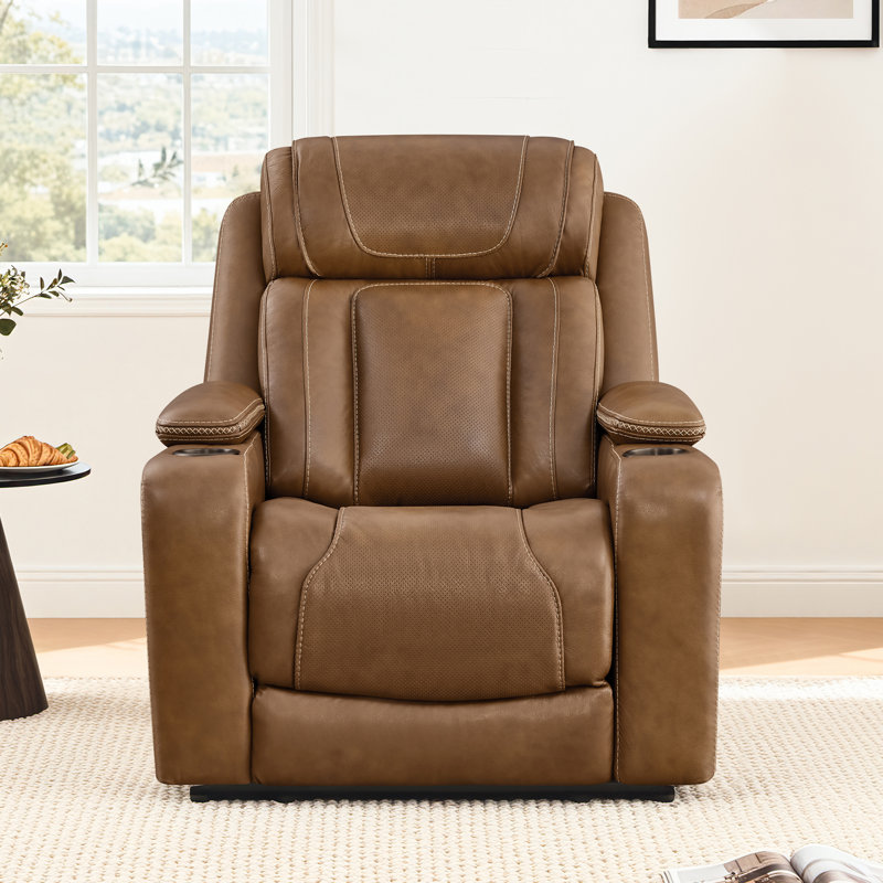 Genuine Leather Triple Motor Power Recliner with Power Headrest and power lumbar, Saddle Top Grain Leather