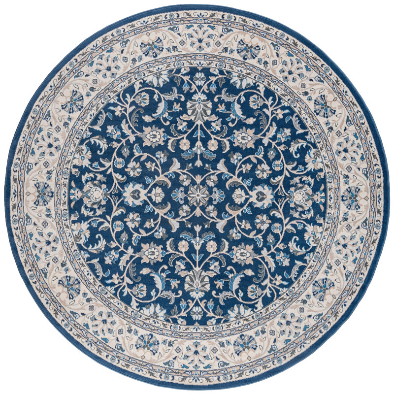 Anmie Oriental Dark Blue/Cream Area Rug, Round 5'3"