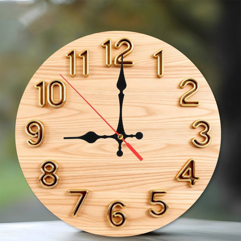 Horloge murale ronde en bois 10 po, mouvement à quartz silencieux, imprimé UV, à piles, Chêne clair
