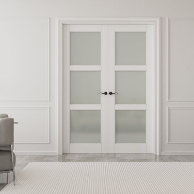 3-Lite Frosted Glass French Door Solid Wood Manufacture Interior Double Bathroom Door With Hardware Kit