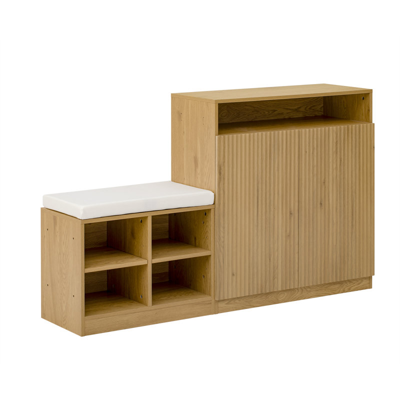 Wavelle Modern Living Room Cabinet with Shoe Bench and Adjustable Shelves, Natural