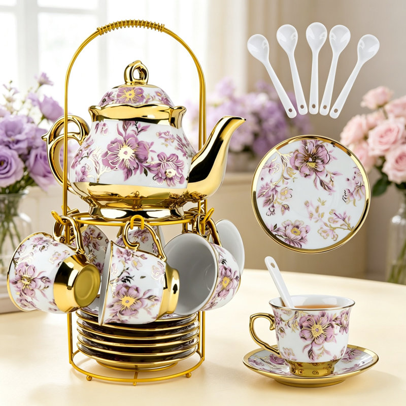20PCS European Purple Floral Porcelain Tea Set with Gold Accents, 450ml Teapot & Cups Saucers with Metal Holder, Luxury Adult Tea Service Set