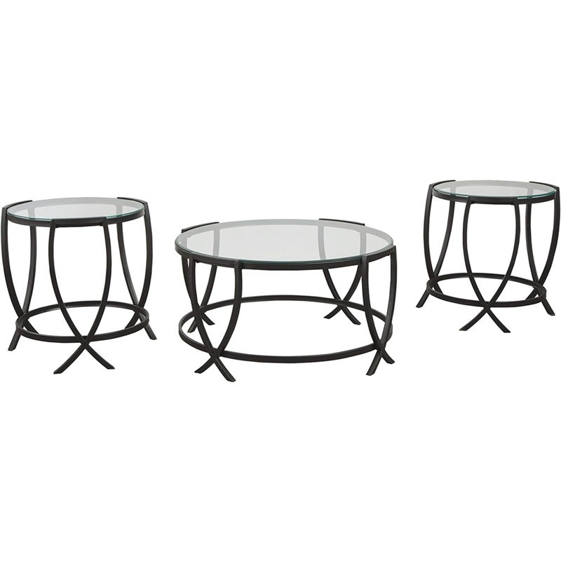 ArcX Contemporary Black Round Coffee Table Set with Tempered Glass