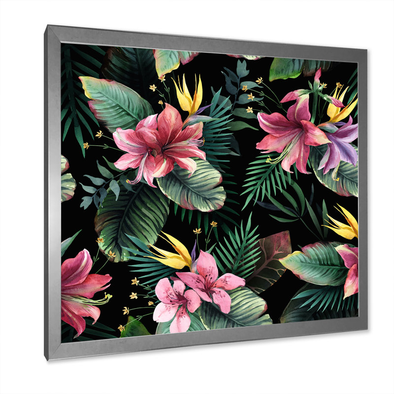 Fleurs tropicales roses sur fond noir - Décoration murale traditionnelle en bois, Cadre photo argenté