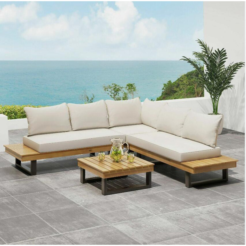  Ensemble de canapé modulaire d'extérieur 4 pièces avec table basse, meubles de patio, beige