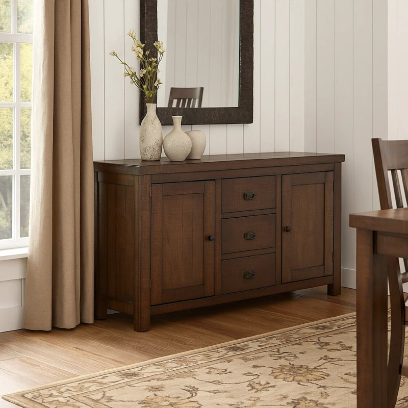 Buffet Camie, 3 tiroirs, porte-bouteilles, bois d'acajou brun, Marron foncé