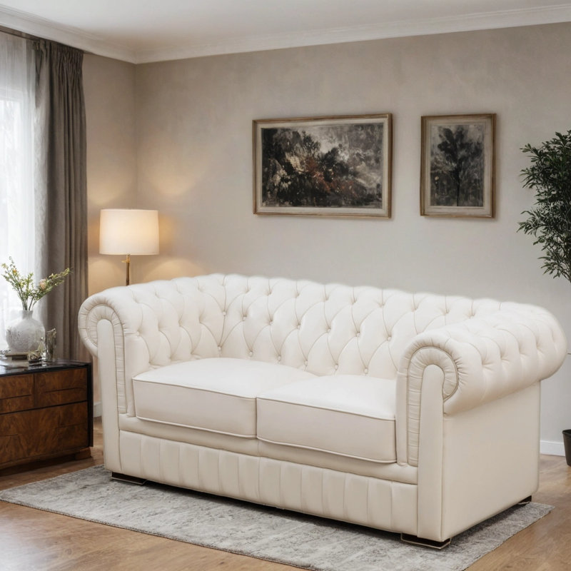 Causeuse Chesterfield 72 po en cuir de vache véritable 72 po avec boucle européenne, Beige