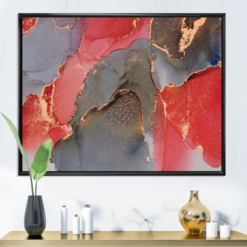 Gris et rouge, art abstrait fluide de luxe - peinture sur toile, H 34 po x l 44 po, Cadre flottant noir