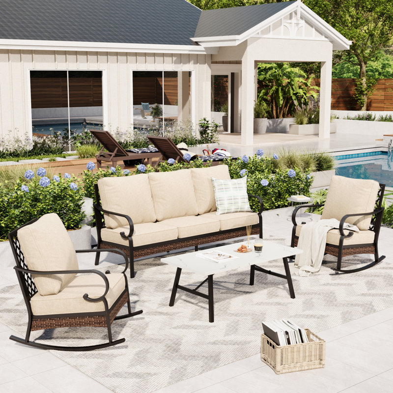 5-Person Sofa Seating Group With Rocking Lounge Chairs, Beige
