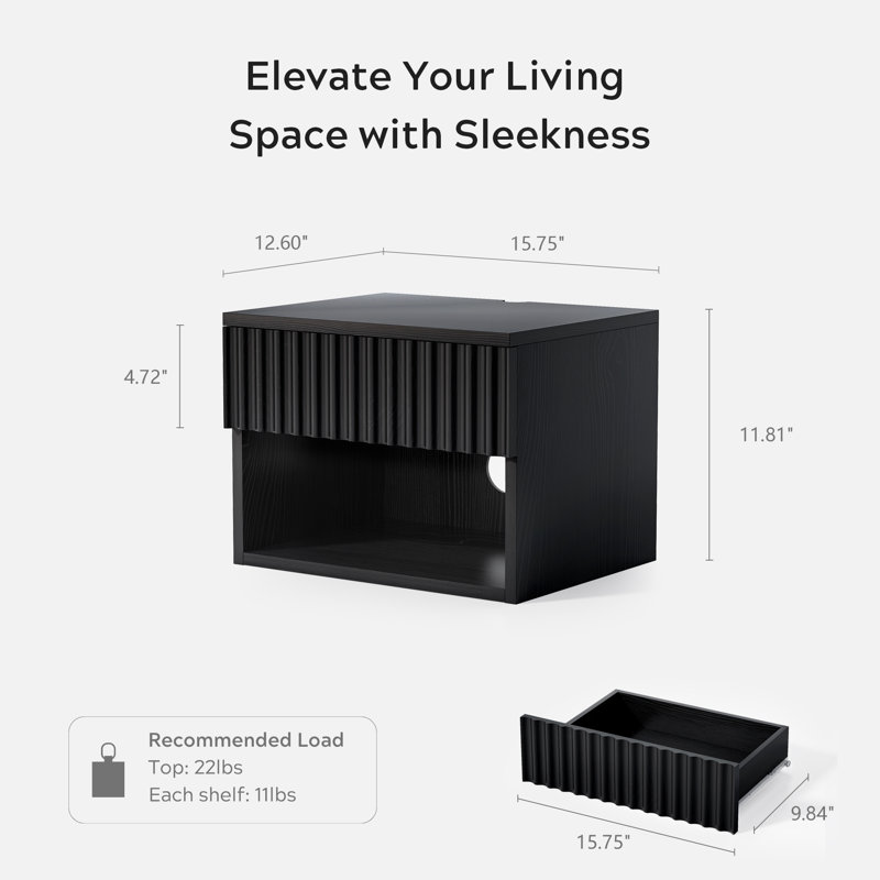 Drawer Wall-Mounted Nightstand With Open Cubby, Set of 4, Black