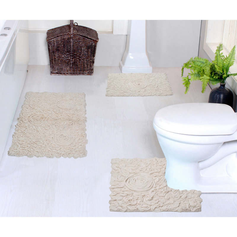 Freida Plush Floral Bath Rug Set (Set of 3), Ivory