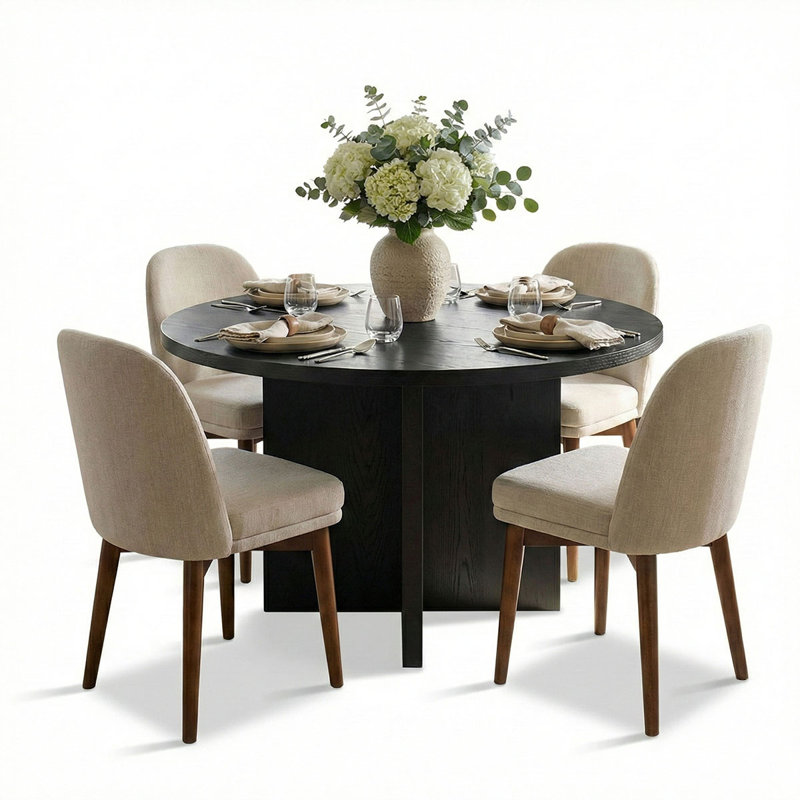 5-Piece Modern Black Round Dining Set, Beige
