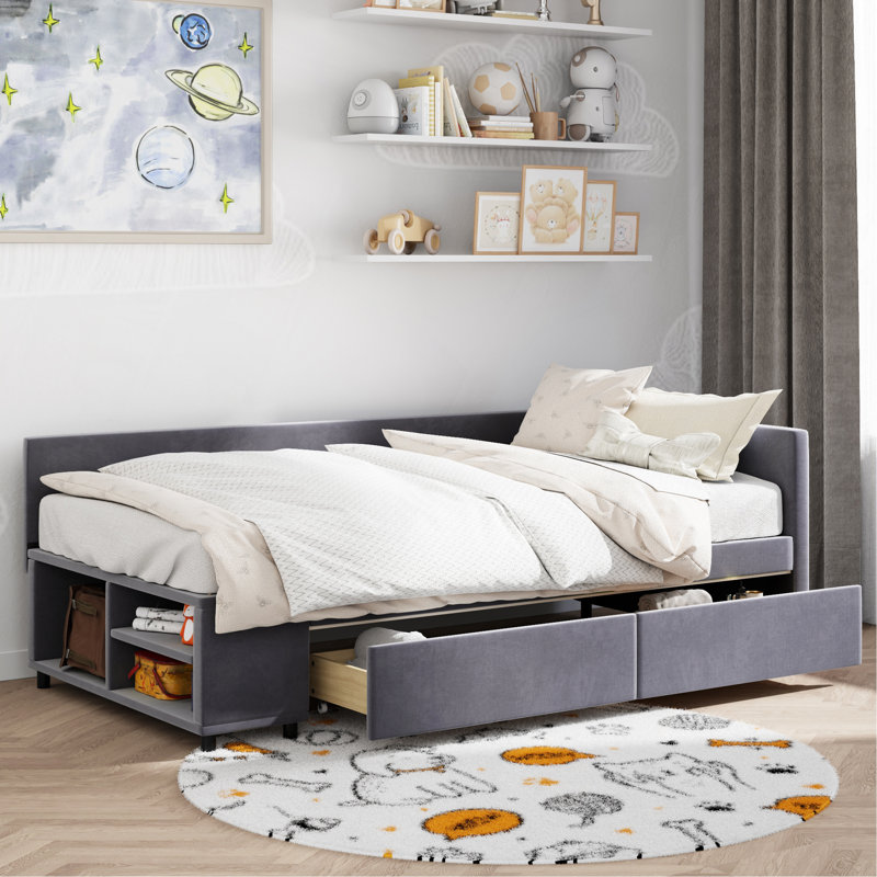 Lit plateforme simple tapissier en forme de L avec rangement et tiroirs, Gris