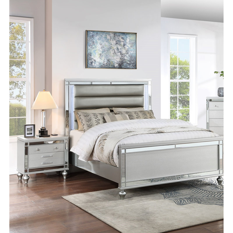Table de chevet élégante avec recharge sans fil, 2 tiroirs et miroir élégant pour table de chevet de style contemporain