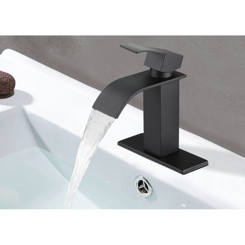 Robinet de lavabo de salle de bain en acier inoxydable avec bec cascade, poignée simple pour un réglage en douceur du débit d'eau, robinet d'apparence noir mat, réglage de débit précis, fabriqué