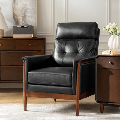Outen Mid-Century Modern Genuine Leather Armchair with Solid Wood Armrests