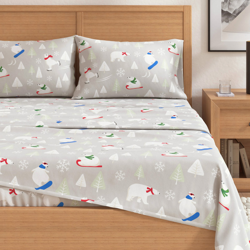 Twin Gray Cotton Flannel Sheet Set with Polar Bear Print