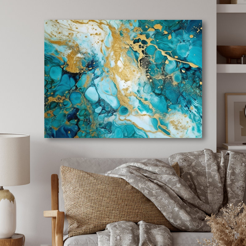 Turquoise luxueux, art fluide abstrait VI - impression sur métal, H 24 po x l 32 po x P 1 po