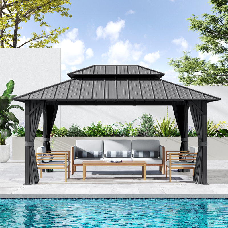 Double Roof Hardtop Metal Patio Gazebo with Curtains and Netting, Gray, Gray, 77.2"H x 168"W x 122.4"D