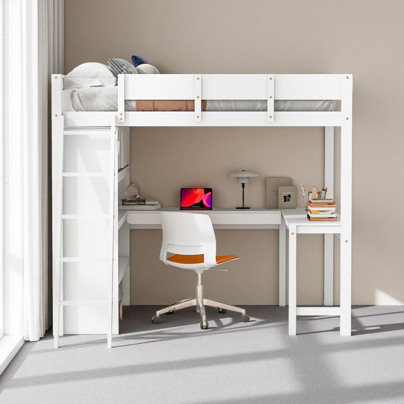 Lit mezzanine double avec bureau et tablette, Blanc