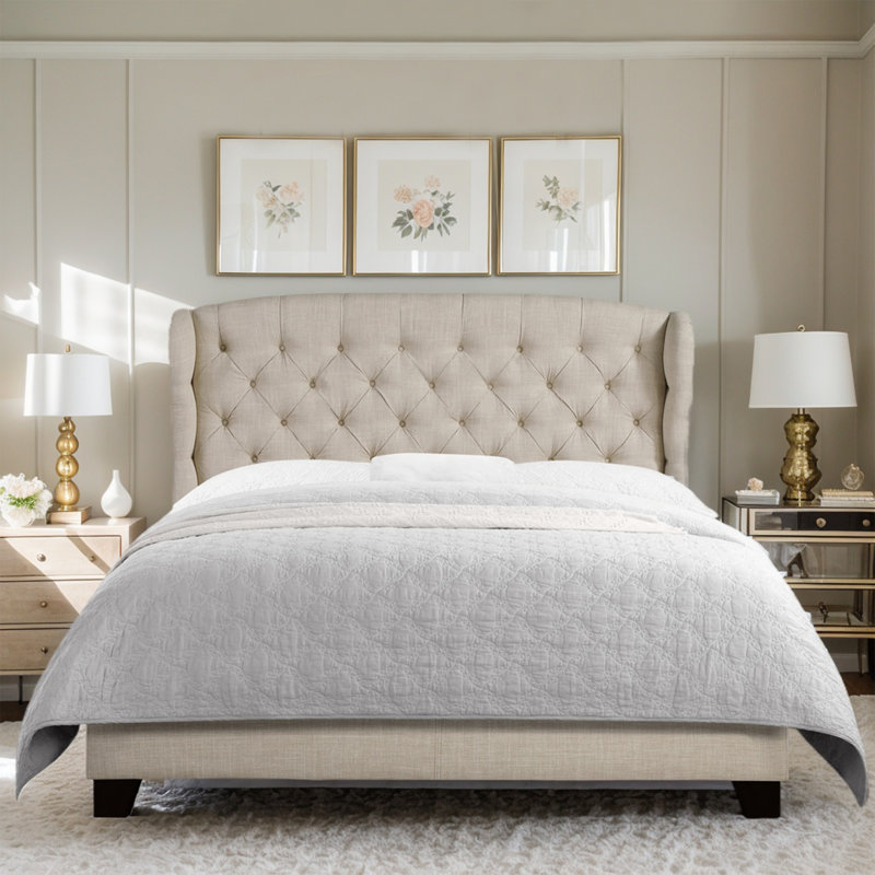 Fabric Upholstered Bed,Tufted Headboard Adjustable Height Bed Frame, Queen, Beige