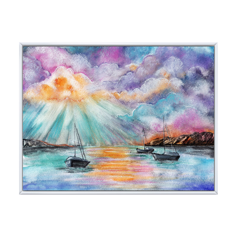 Sunseat Boats Sea - reproduction sur toile, H 16 po x l 32 po x P 1 po, Cadre flottant blanc