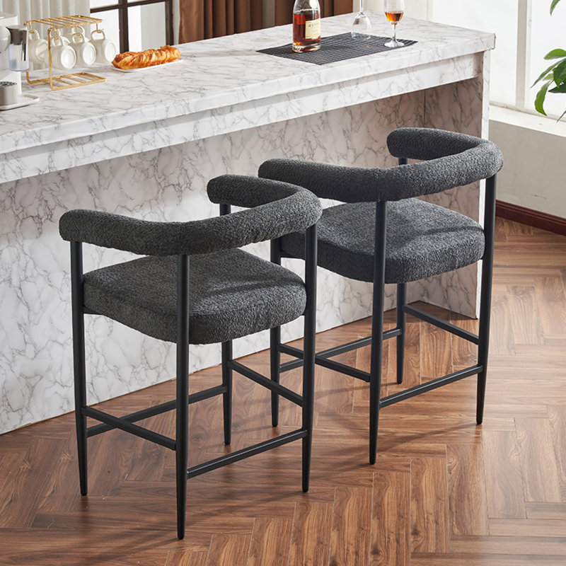 Ensemble de 2 tabourets de bar modernes rembourrés avec accoudoirs en tissu Boucle pour un siège élégant et confortable, Gris