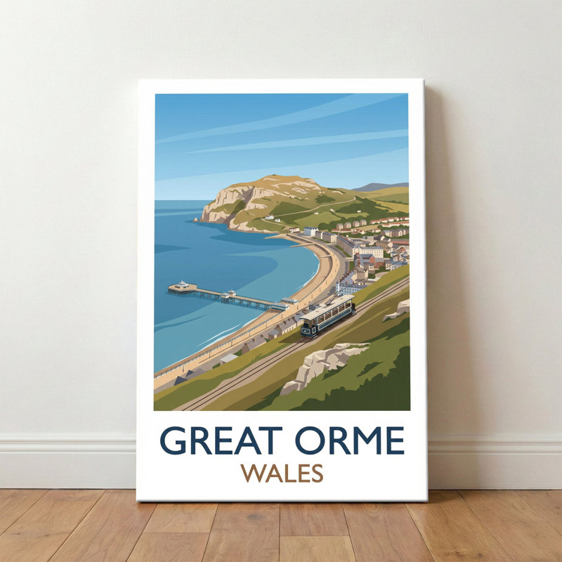 Great Orme, Wales - Romantic Travel Poster of Llandudno Headland and Tramway. Giclee Print on Wrapped Canvas. Wall Art, Home Decor - Natural Landmarks, Wales 1 Piece Wrapped Canvas Wall Art