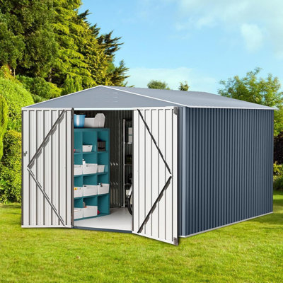 Outdoor Storage Shed with Sloping Roof & Vents, Large Metal Garden Shed with Lockable Doors for Backyard Patio