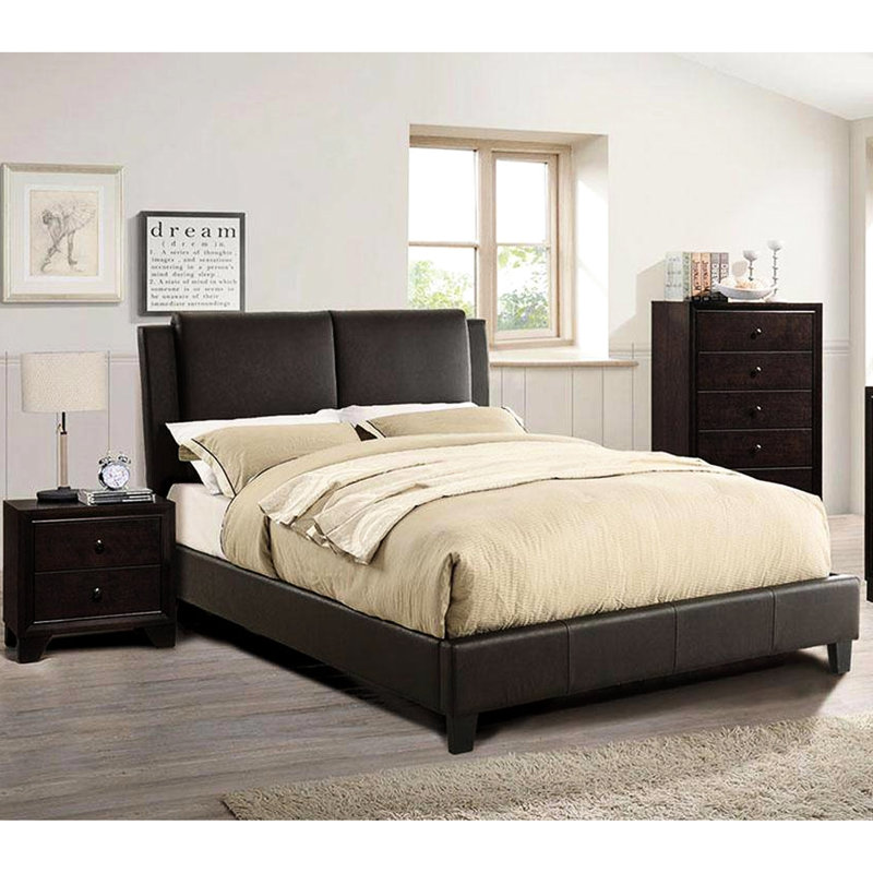 Grand lit Modern Modern Elegance, revêtement en similicuir brun avec tête de lit, sans sommier pour la chambre à coucher, tête de lit brun, base, mobilier