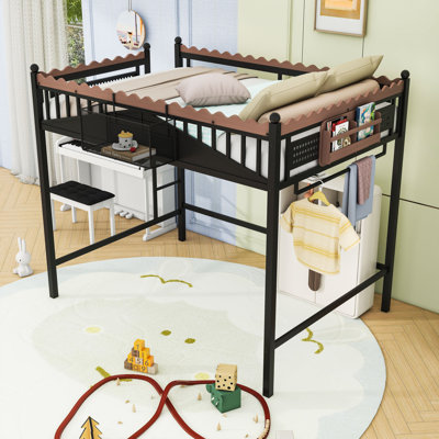 Metal Frame Loft Bed with Shelves and Bookshelf