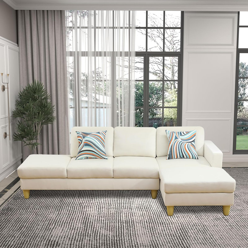 2-Piece Faux Leather L-Shape Lint Sectional Sofa, White Faux Leather, Right Hand Facing